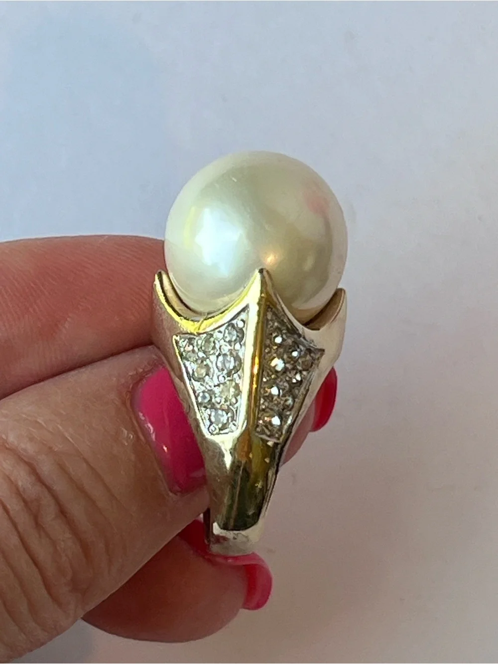 Vintage Panetta Faux Pearl & Crystals Gold Tone Sterling Cocktail Statement Ring